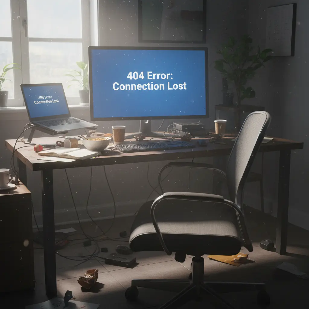Puste biurko z komputerem wyświetlającym błąd połączenia, symbolizujące freelancera, który zniknął po wykonaniu zlecenia