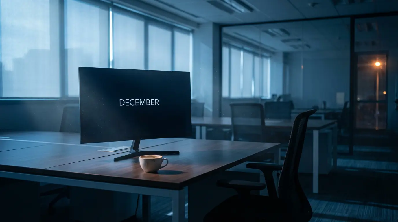 Google Mnie Nie Widzi? Jak Brak Aktualizacji Strony Zabija Twój Biznes (2026) 1 Monitor w ciemnym biurze z napisem grudzień jako symbol zastoju, gdy aktualizacja strony internetowej nie jest robiona przez wiele miesięcy