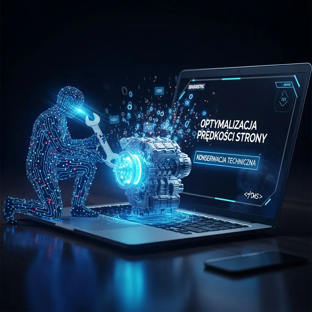 Twoja Strona Ładuje Się 3 Sekundy? Właśnie Straciłeś Klienta (Raport 2026) 2 Mechanik cyfrowy optymalizujący silnik strony internetowej, symbolizujący proces przyspieszania WordPressa