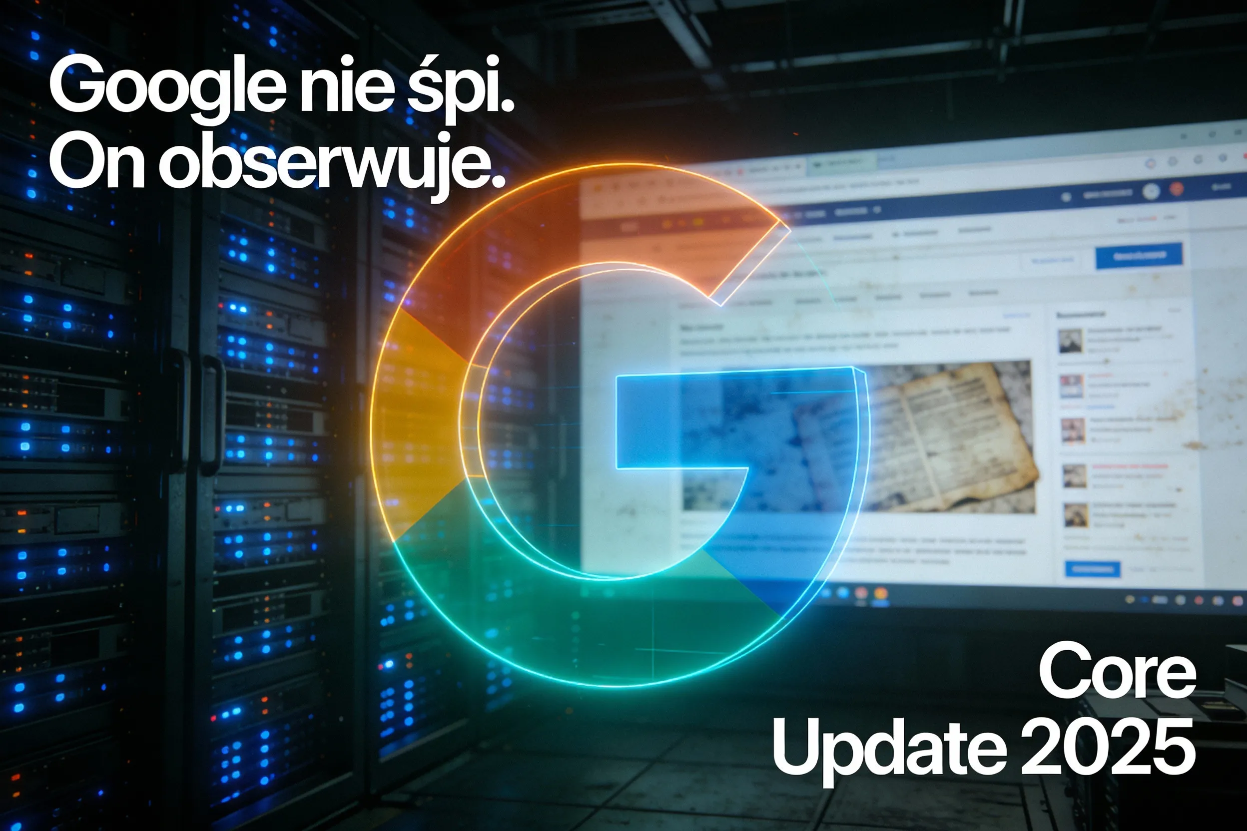 Google Mnie Nie Widzi? Jak Brak Aktualizacji Strony Zabija Twój Biznes (2026) 2 Logo Google na tle serwerów z napisem Core Update 2025 – przypomnienie, że dla algorytmu aktualizacja strony internetowej to priorytet