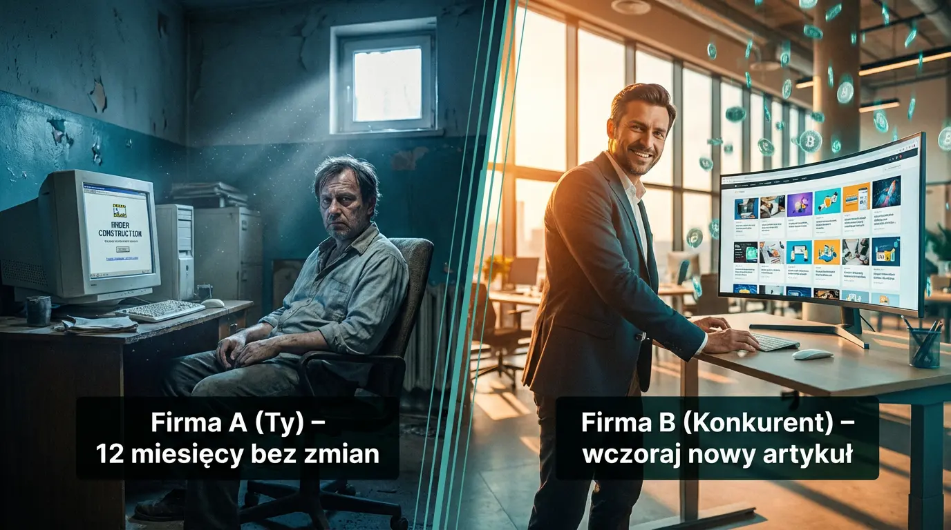 Google Mnie Nie Widzi? Jak Brak Aktualizacji Strony Zabija Twój Biznes (2026) 4 Porównanie dwóch firm – Firma A bez zmian i Firma B, gdzie regularna aktualizacja strony internetowej przekłada się na nowoczesny wizerunek