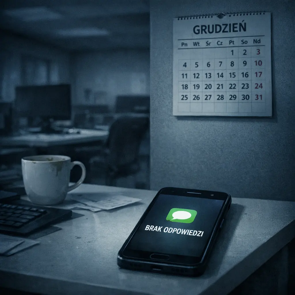 Wydałem 46k na stronę, sprzedaż to ZERO 3 Puste biurko w agencji z pozostawionym kubkiem kawy, na ekranie kalendarz z grudnia bez wpisów, symbolizujące brak kontaktu i przestój w projekcie