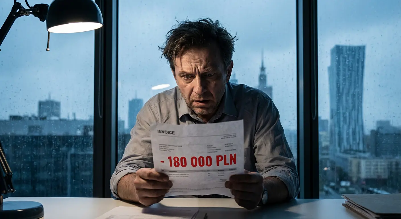 Wydałem 46k na stronę, sprzedaż to ZERO 4 Zbliżenie na dłoń trzymającą fakturę z wysoką kwotą, w tle zszokowany właściciel firmy analizujący koszty strony www