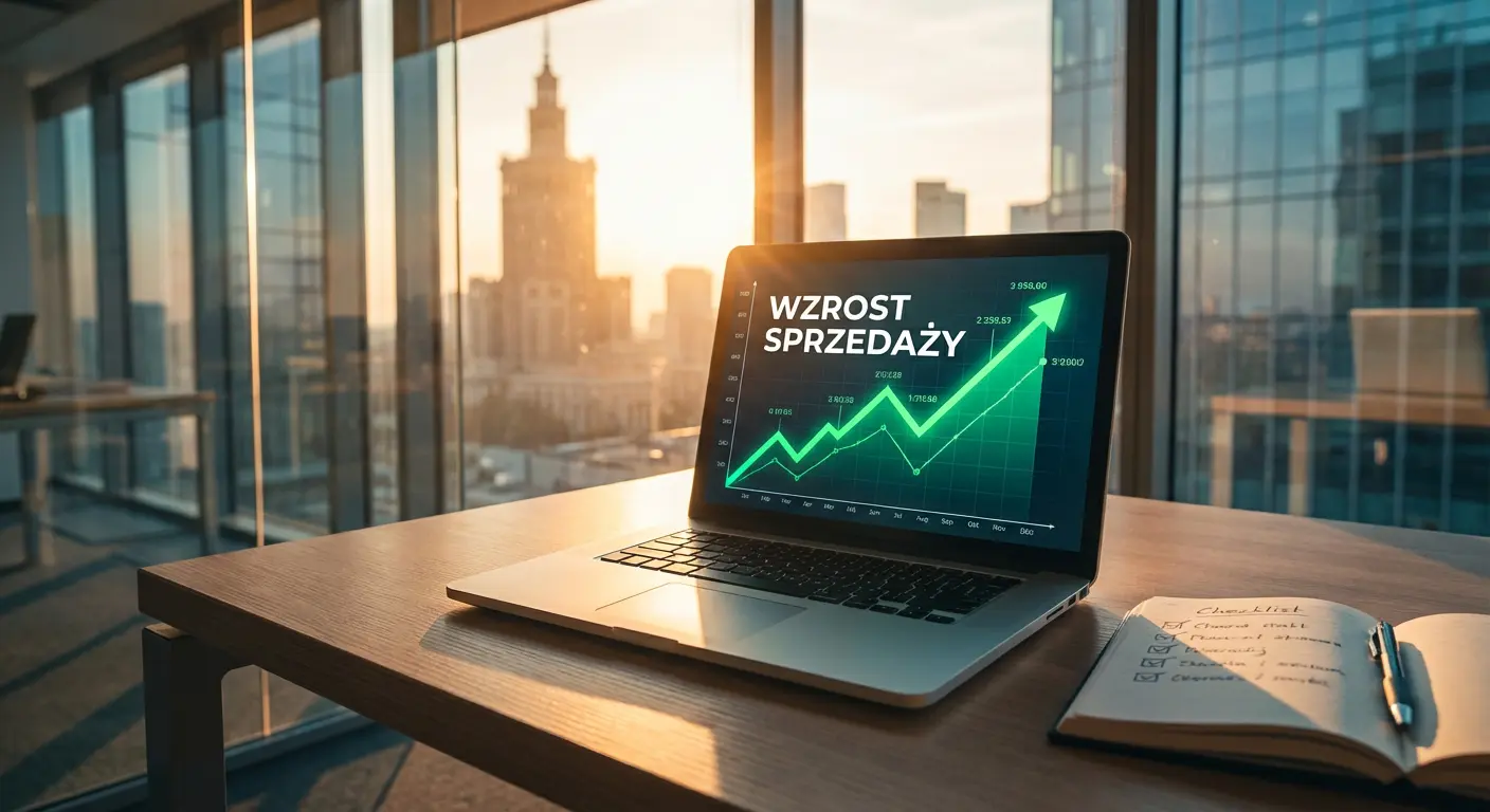 Wydałem 46k na stronę, sprzedaż to ZERO 5 Ekran laptopa pokazujący wykres wzrostu sprzedaży w górę, symbolizujący sukces biznesowy po wdrożeniu zmian na stronie