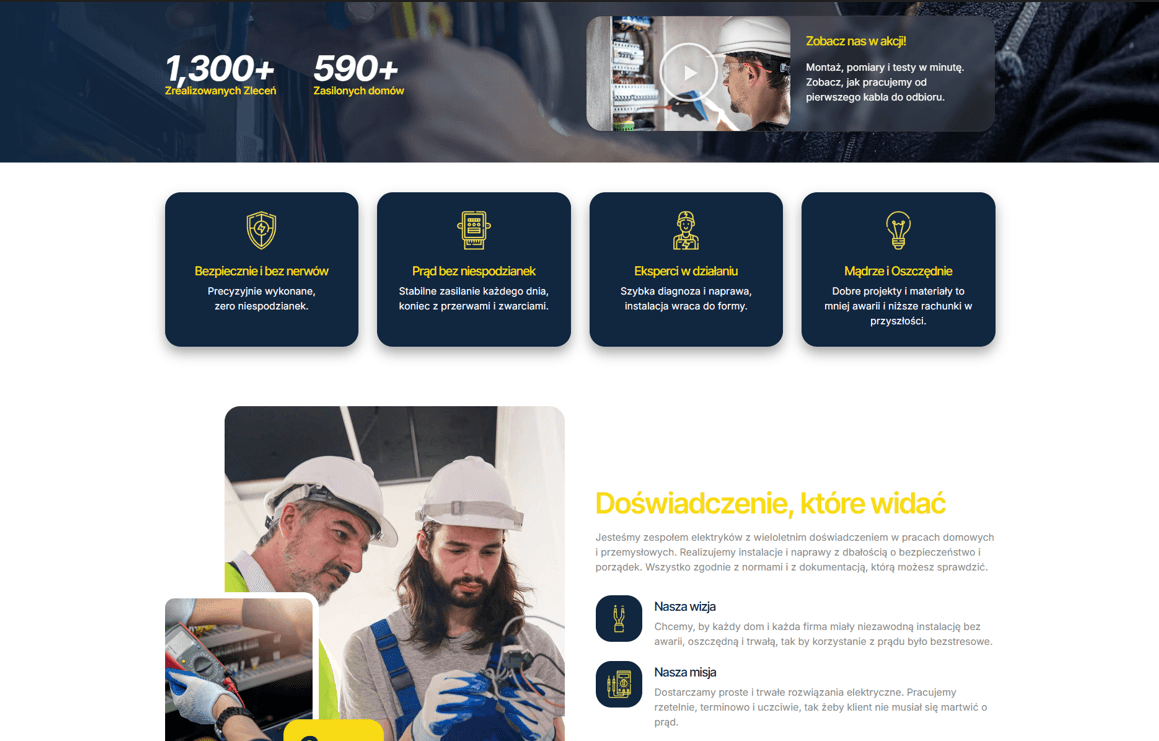 Dlaczego Elektryk w 2026 Roku Potrzebuje Skutecznej Strony? 2 Sekcja Hero na stronie elektryka z wyraźnym nagłówkiem i przyciskiem wezwania do działania