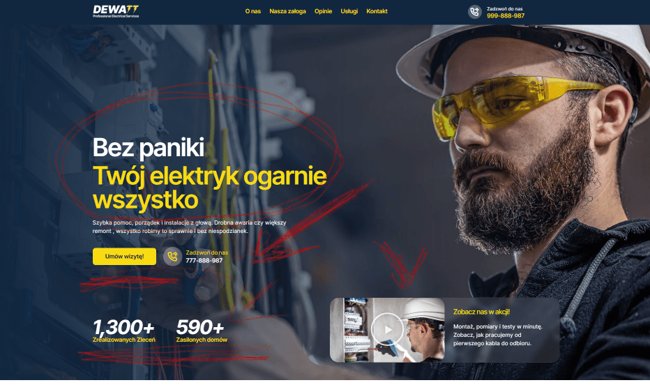 Dlaczego Elektryk w 2026 Roku Potrzebuje Skutecznej Strony? 1 Pełny widok strony głównej demonstracyjnej dla elektryka stworzonej przez KozakWeb