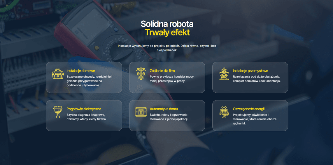 Dlaczego Elektryk w 2026 Roku Potrzebuje Skutecznej Strony? 3 Pasek statystyk na stronie www pokazujący lata doświadczenia i liczbę zadowolonych klientów