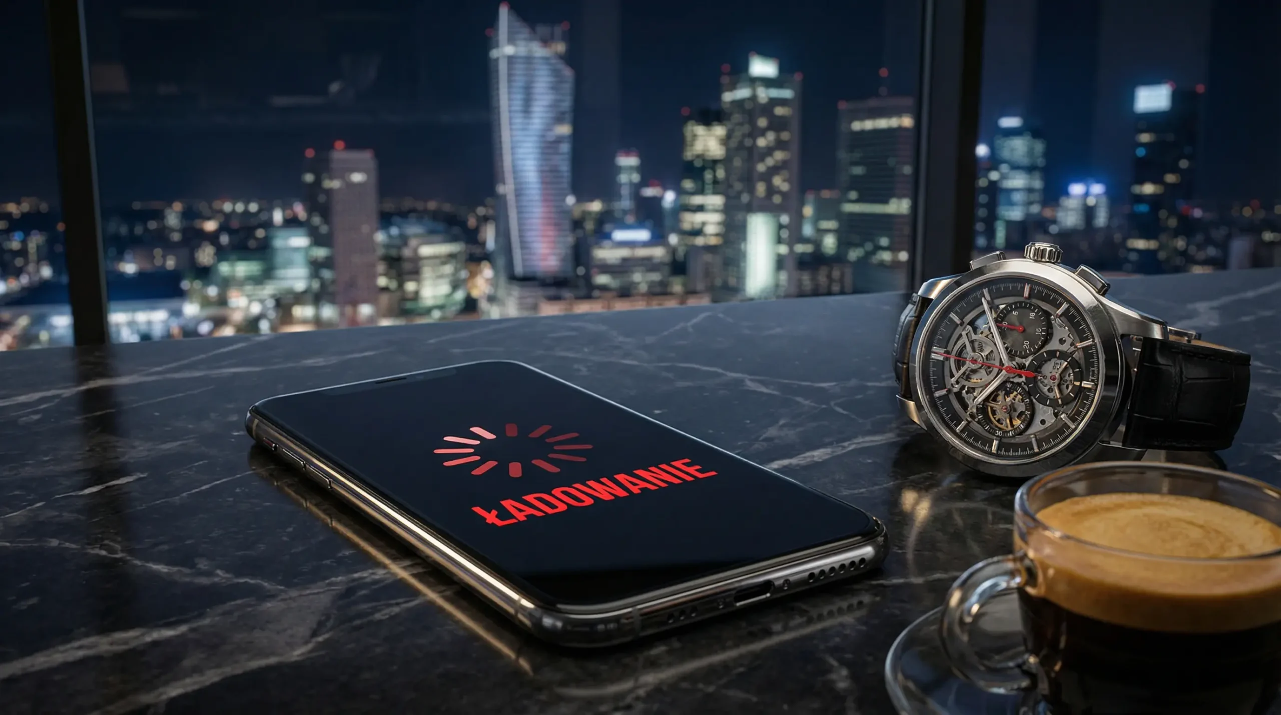 Smartfon z czerwonym napisem Ładowanie na luksusowym biurku, symbolizujący jak niska szybkość strony irytuje klientów.