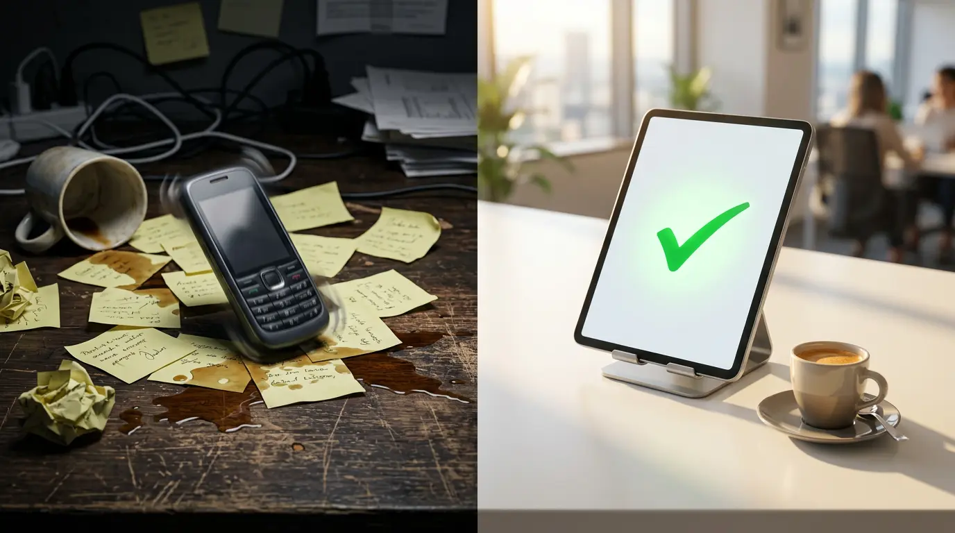 po prawej zaakceptowany formluarz kontaktowy, po lewej telefon z karteczkami
