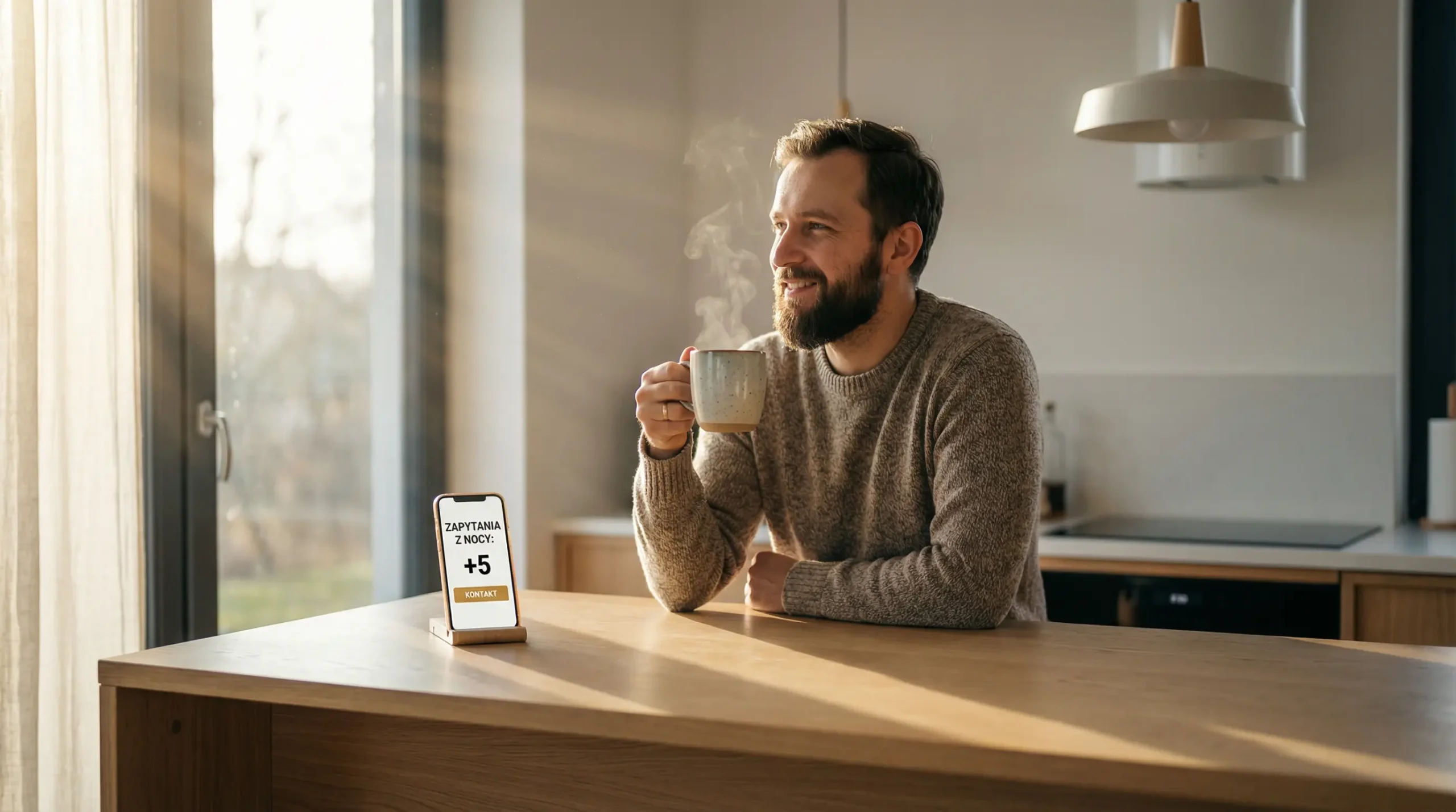 Nowe zlecenia z internetu? Sam telefon to za mało. 5 mężczyzna pijący kawę dostaje zlecenia na telefon