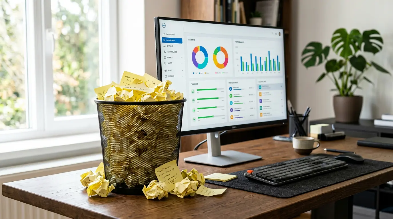 Dlaczego formularz kontaktowy bije telefon na głowę? 3 monitor z wyświetlonymi statystykami, obok w koszu żółte karteczki