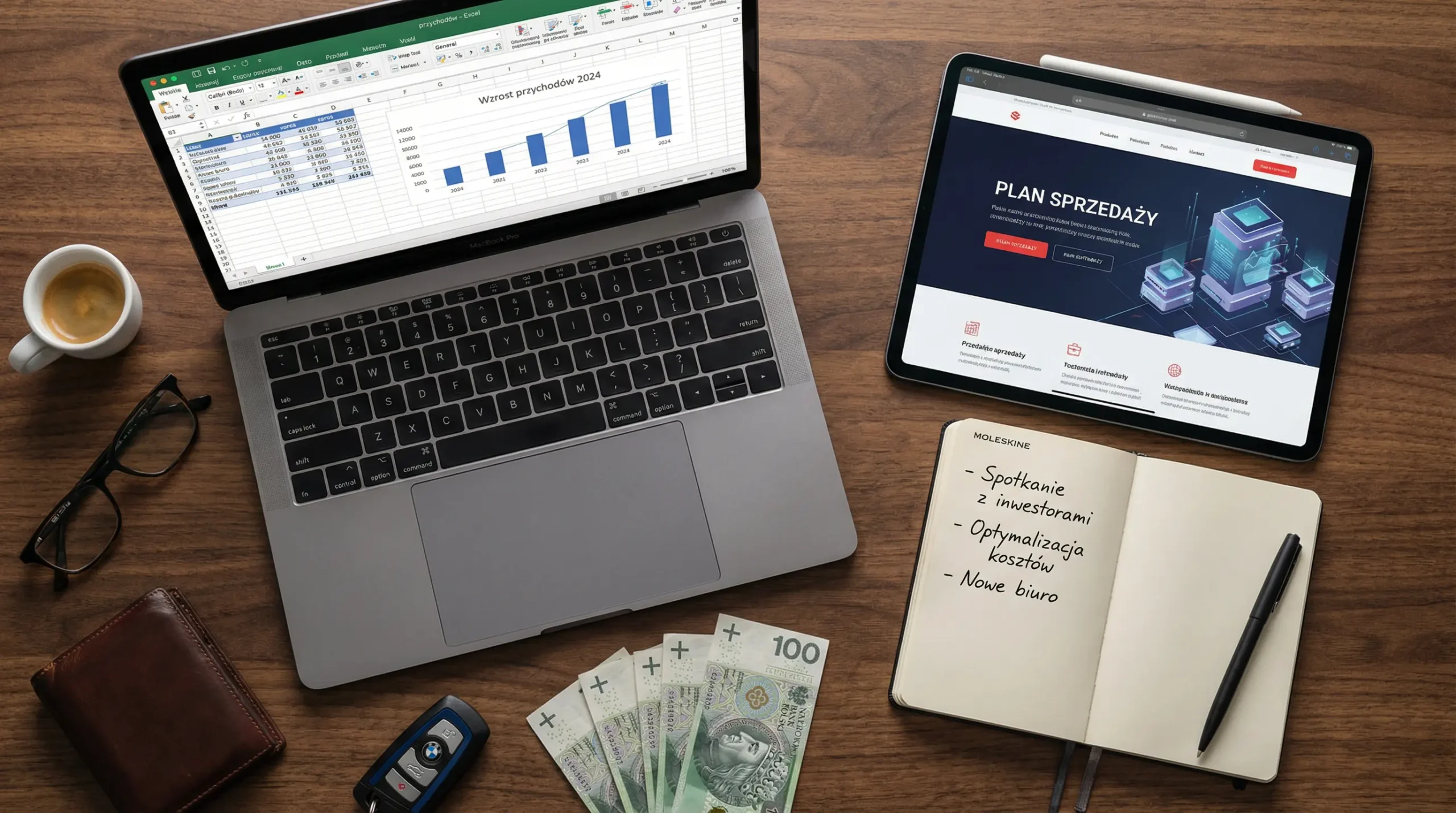 Biurko z laptopem, banknotami PLN i tabletem z napisem Plan Sprzedaży, pokazujące marketing jako konkretny proces biznesowy.