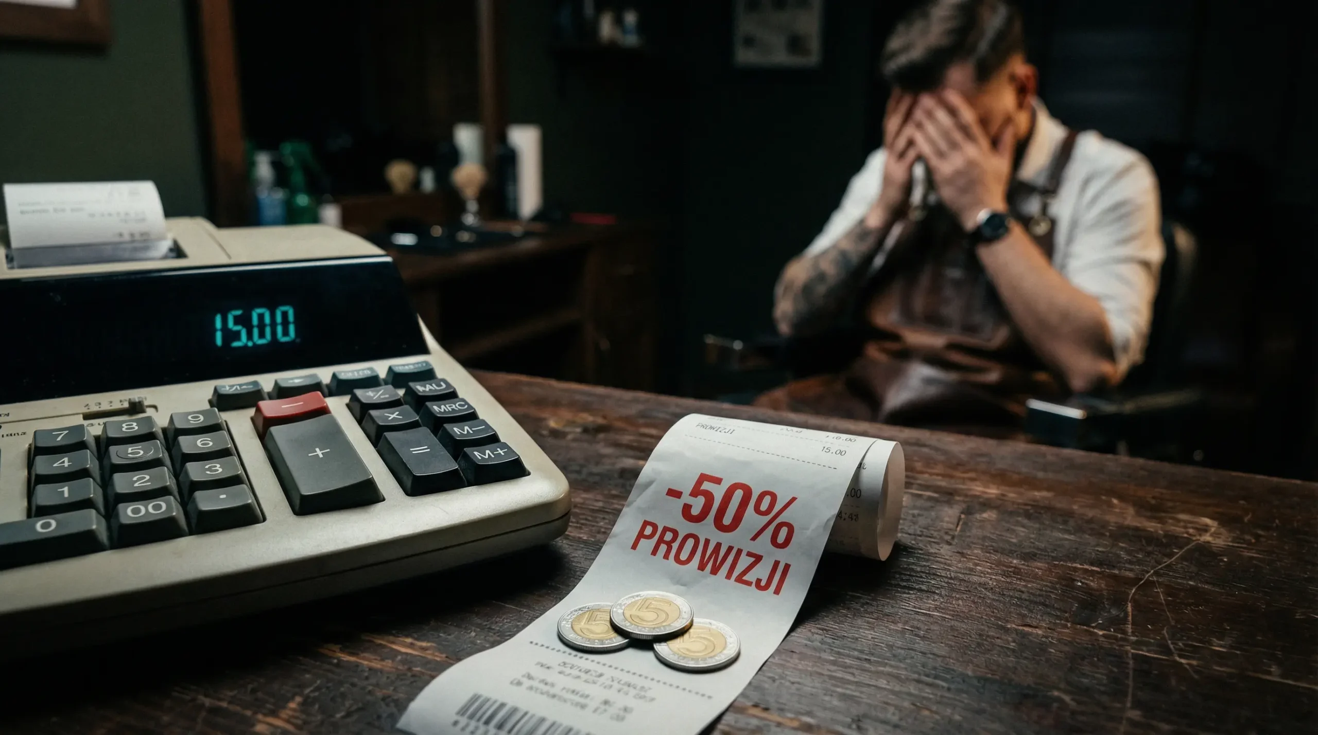 Prowizja od rezerwacji w Booksy? Policz straty. 2 Prowizja od rezerwacji -50%, paragon i barber w tle