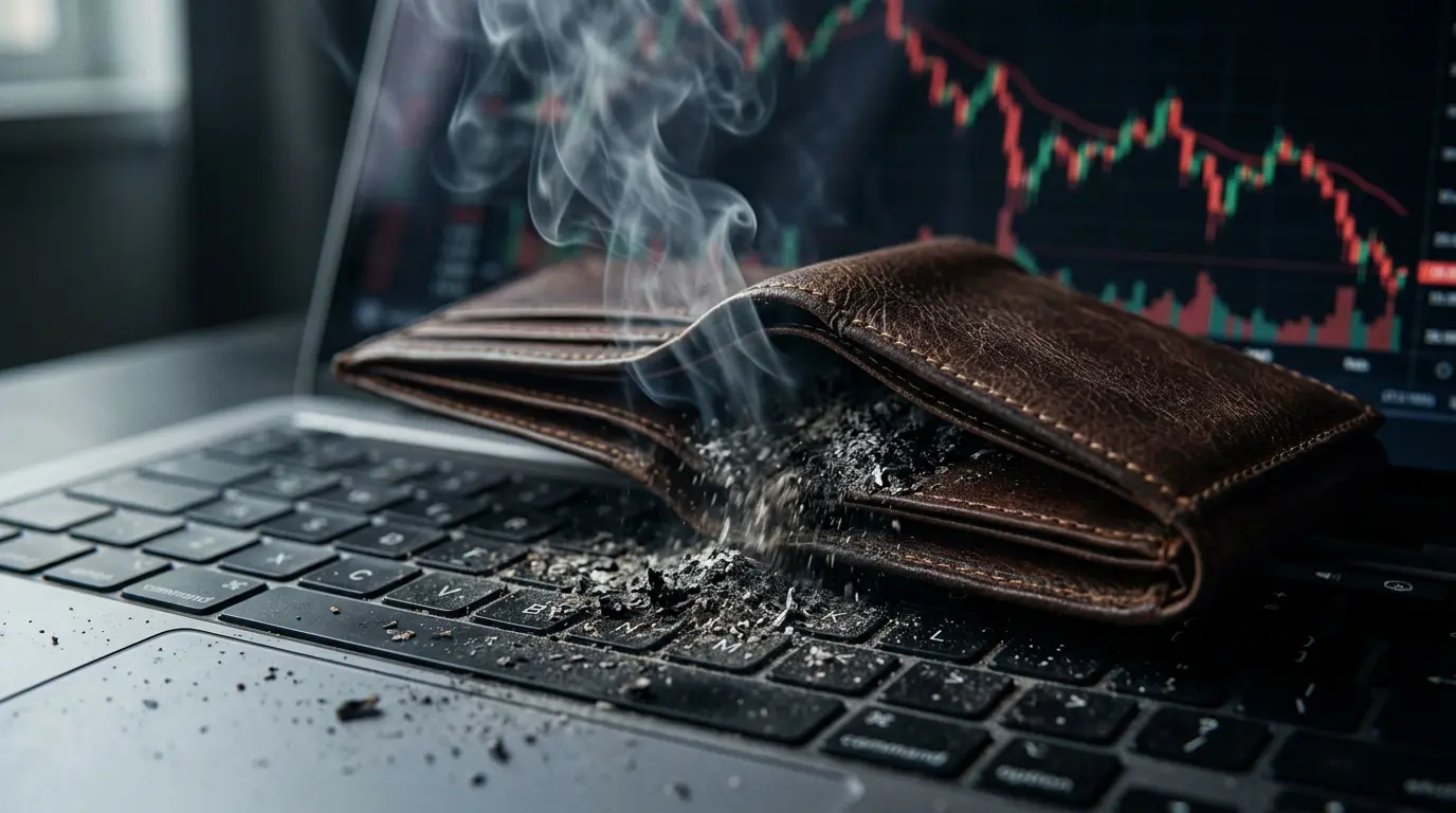 Strona Bez Strategii = Drogi Papier Toaletowy. Dlaczego Nie Zarabiasz? 3 Popiół wysypujący się z luksusowego portfela jako symbol realnych strat, jakie generuje strona bez strategii każdego miesiąca.