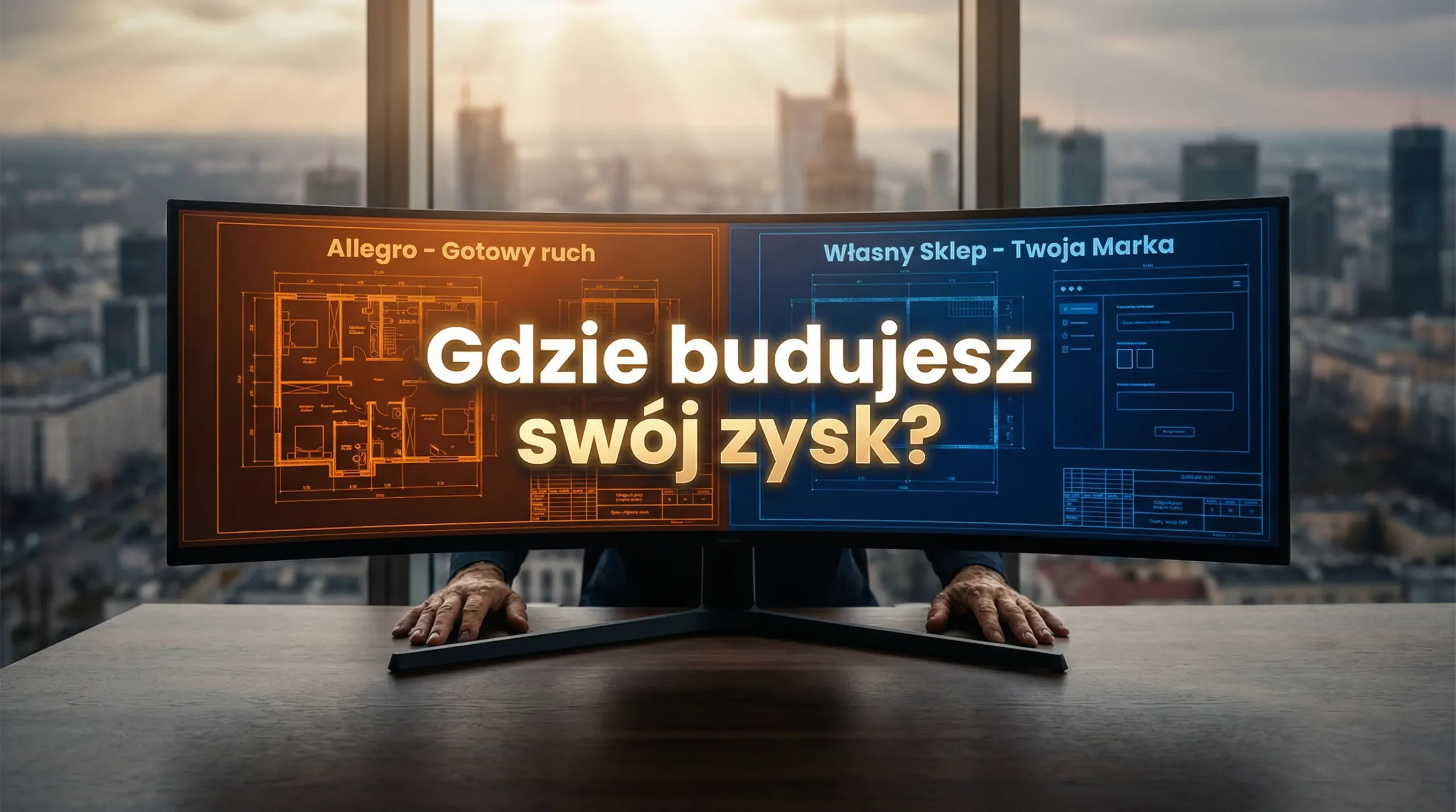 obrazek przedstawia wybór miedzy allegro a czy własnym sklepem na monitorze szerokokątnym