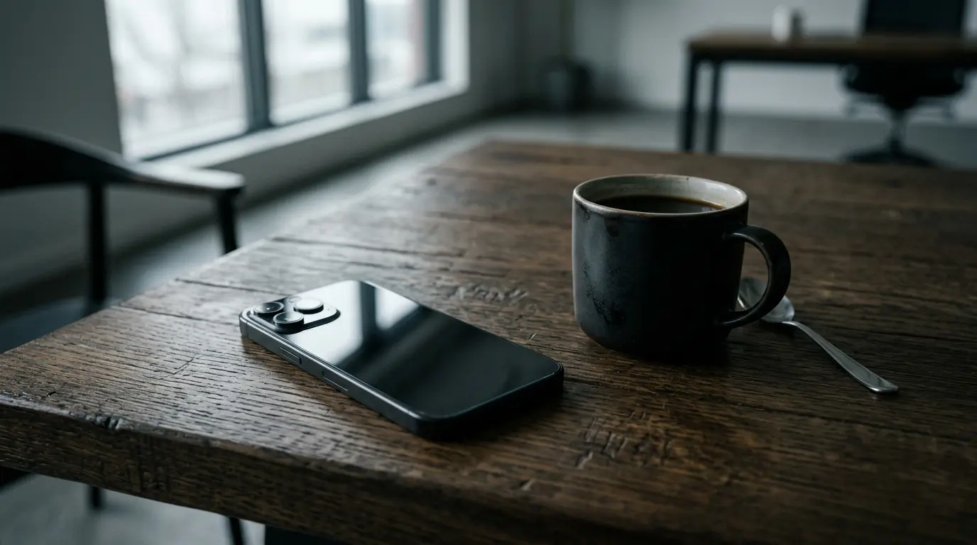 Nowe zlecenia z internetu? Sam telefon to za mało. 2 telefon leży na stole ze starą kawą