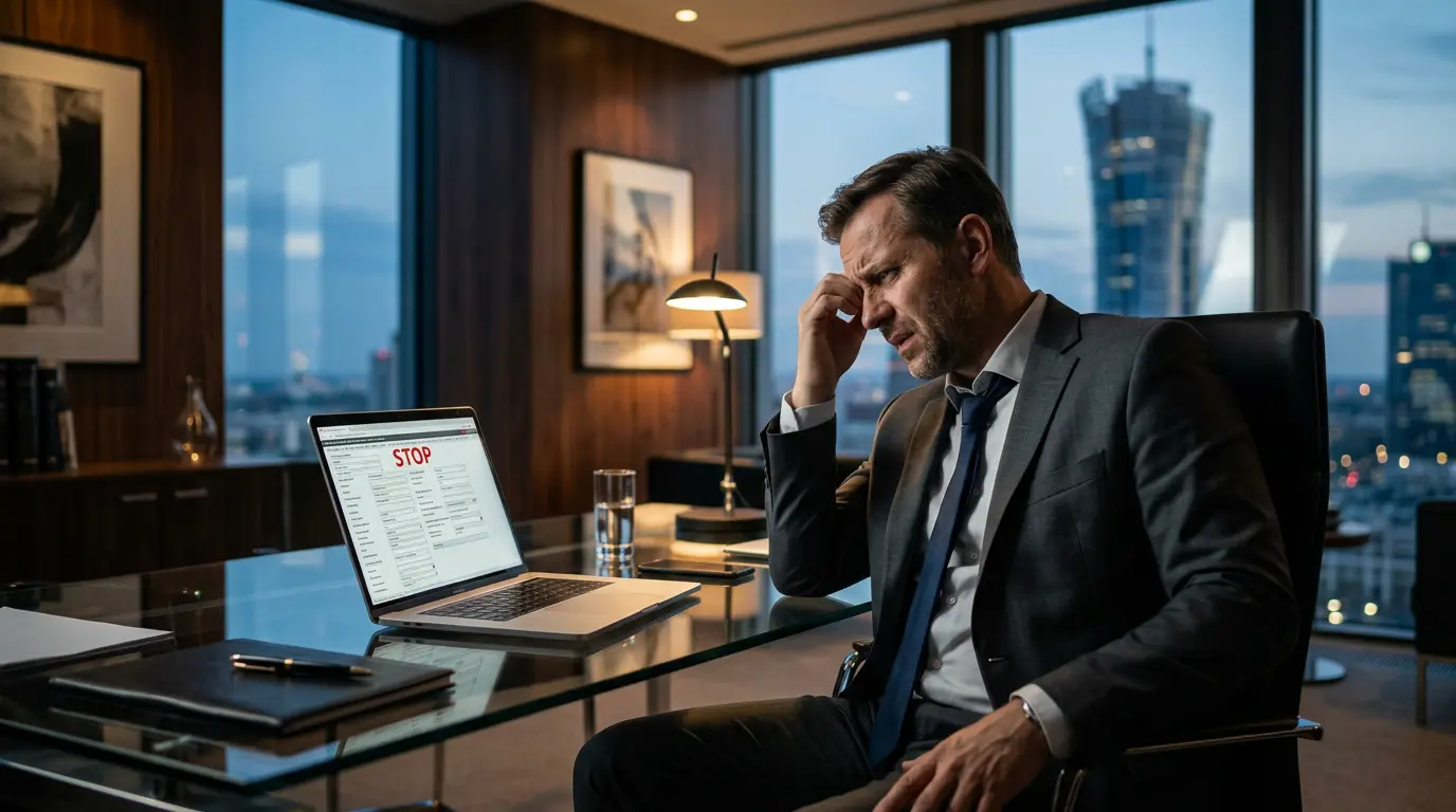Mężczyzna w garniturze patrzący z rezygnacją na laptop, gdzie widnieje nieskuteczny formularz kontaktowy.